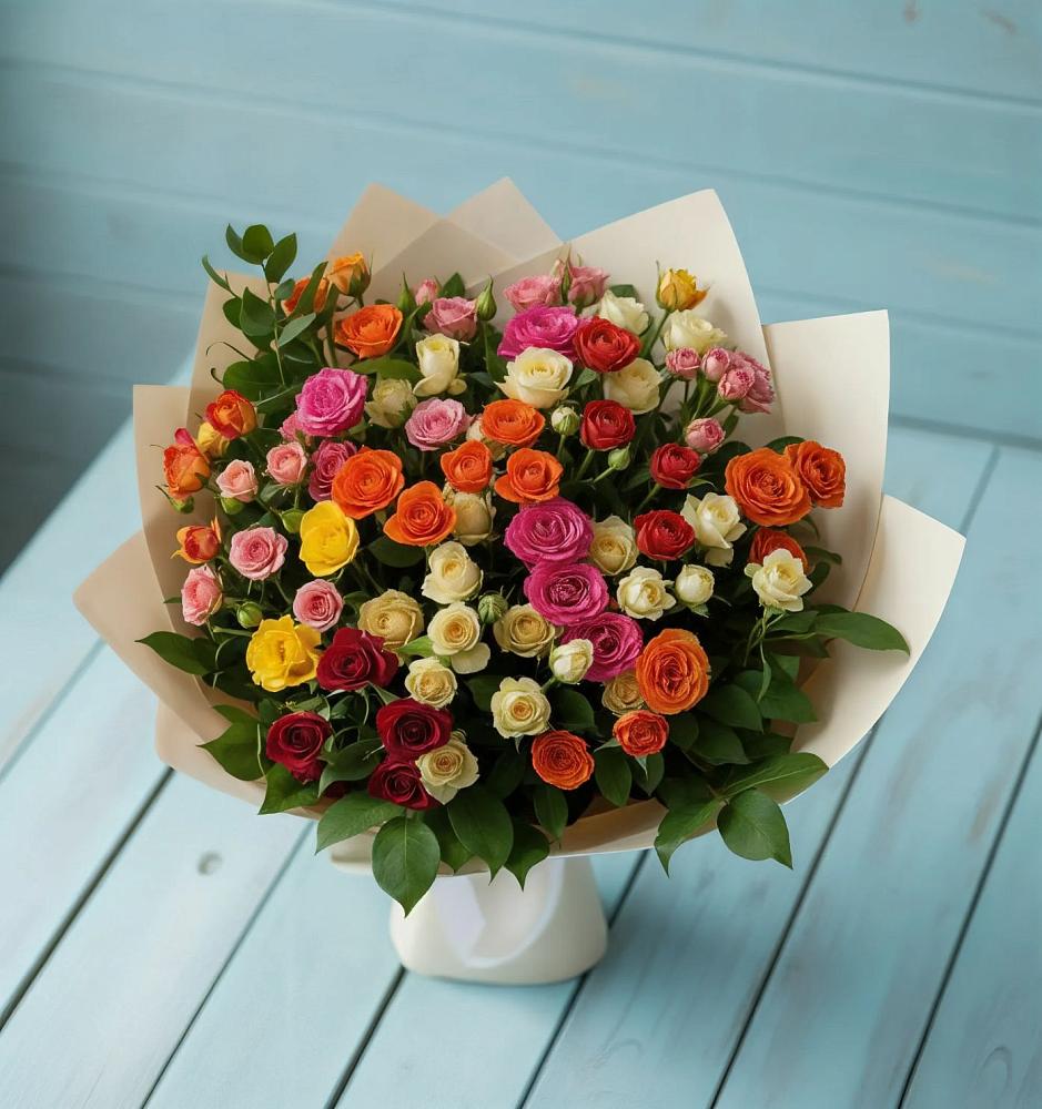 Букет Микс из разноцветных кустовых роз в Деревне Барвиха